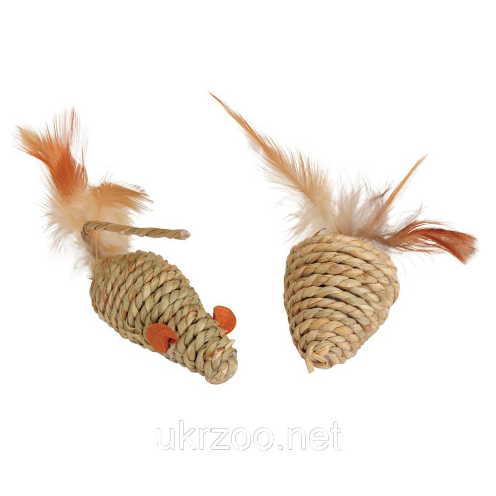 Іграшка для котів миша плетена з пір'ям та дзвіночком , 5/7,5 см, 2 шт/уп., 6уп/кор (ціна за 1уп.), фото 1