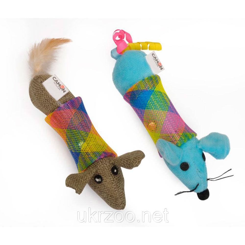 Іграшка для котів мишка пружинна з поліестеру та пластика з дзвіночком, в двох кольорах, 16 см, 6 шт/кор.(ціна, фото 1