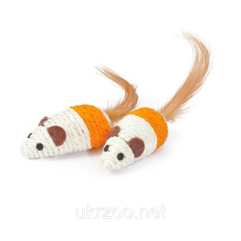 Іграшка для котів мишка, сізаль з пір'ям 7см, 2 шт/уп, 12 шт/кор.(ціна за уп.), фото 1