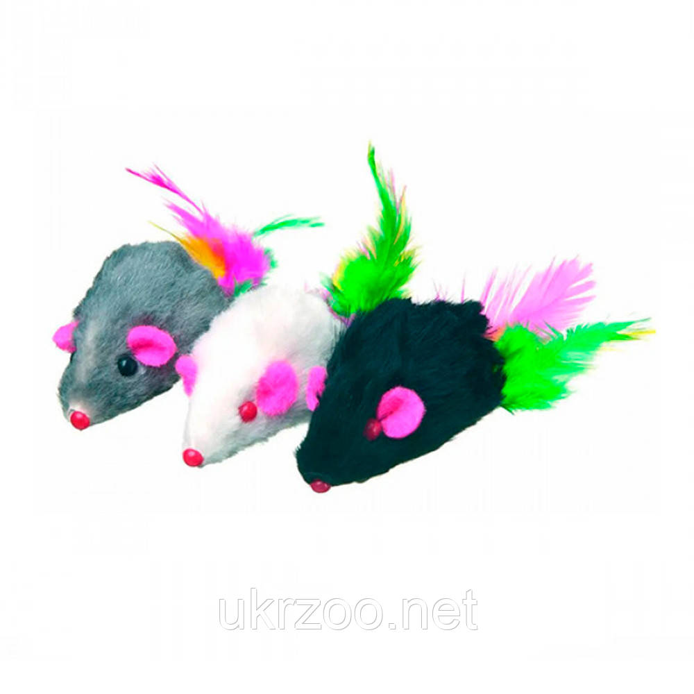 Іграшка для котів мишка, штучне хутро з пір'ям (біла,сіра,чорна) 5см, 3шт/уп, 36 шт/кор.(ціна за уп.), фото 1