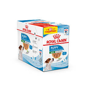 Акція! Вологий корм Royal Canin Mini Puppy (Роял Канін Міні) для цуценят дрібних порід, шматочки в соусі, 85 гр 9+3 шт