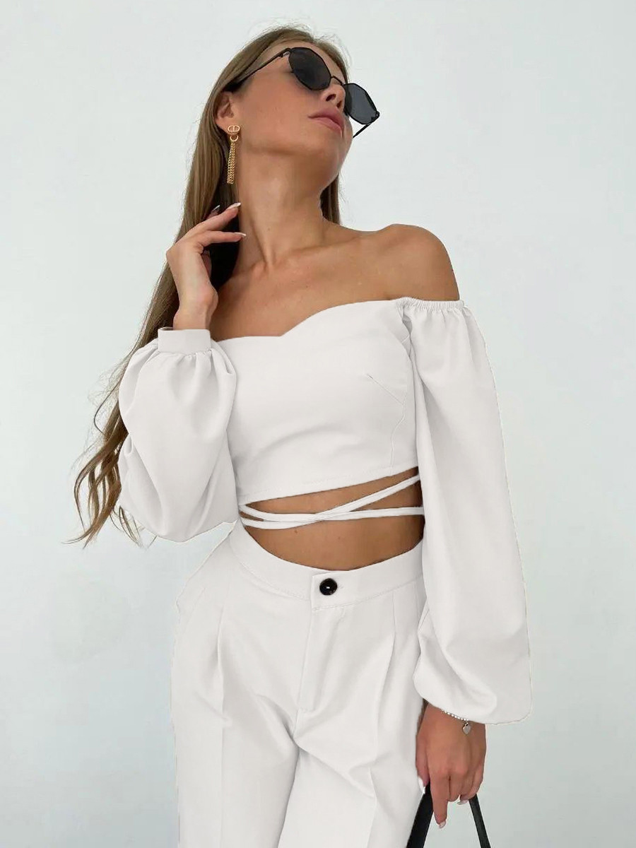 Молодіжний трендовий костюм-двійка, брюки з топом, молочно-білий, айворі, фото 1