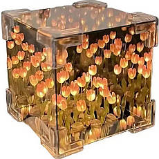 Настільна лампа безмежне дзеркало "Тюльпани в кубі" у зібраному вигляді LED night light cube, рожеві квіти, фото 4