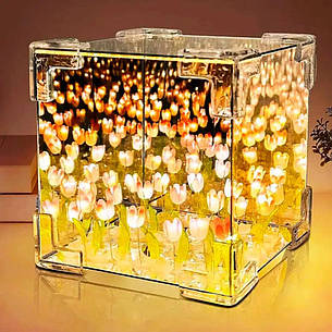 Настільна лампа безмежне дзеркало "Тюльпани в кубі" у зібраному вигляді LED night light cube, рожеві квіти, фото 2