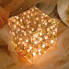 Настільна лампа безмежне дзеркало "Тюльпани в кубі" у зібраному вигляді LED night light cube, рожеві квіти, фото 3