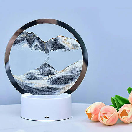 Настільна LED лампа нічник RGB Пісочний годинник 3D Sandscape, чорний пісок, фото 1