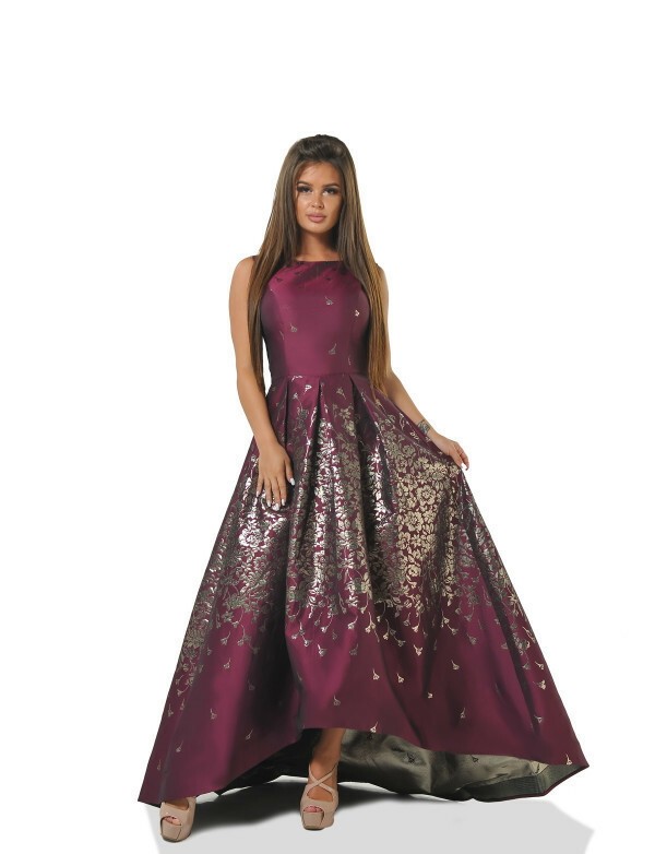 Сукня жіноча бордо вечірня дизайнерська максі з жаккарду асиметричного крою MKENG2255-1, фото 1