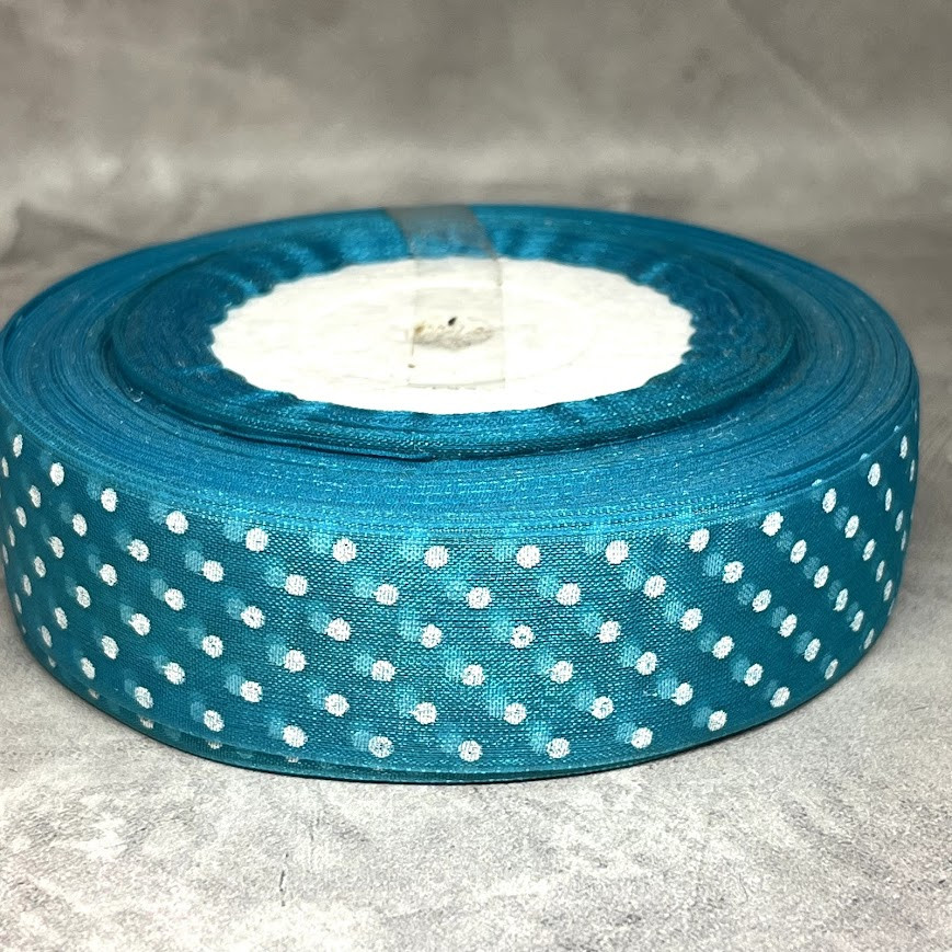 Органза (стрічка) у горох -ширина 2,5 см, колір бірюзовий, арт 011209, 1 метр, Бірюзовий, фото 1