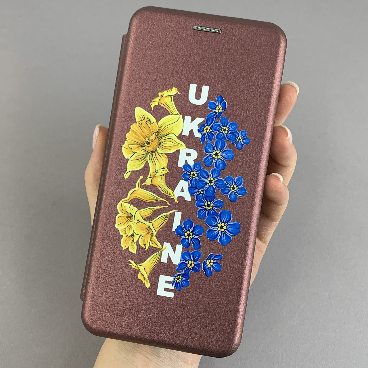Чохол-книга для iPhone X/Xs бордова з патріотичним принтом Україна з синьо-жовтими квітками q09p