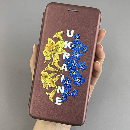 Чохол-книга для iPhone X/Xs бордова з патріотичним принтом Україна з синьо-жовтими квітками q09p, фото 1