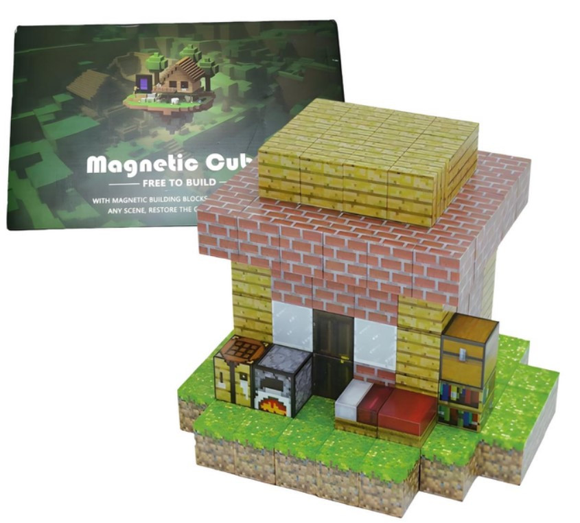 Магнітний конструктор Minecraft Magnetic Cube «Хатина з цегли» 122 кубиков, фото 1