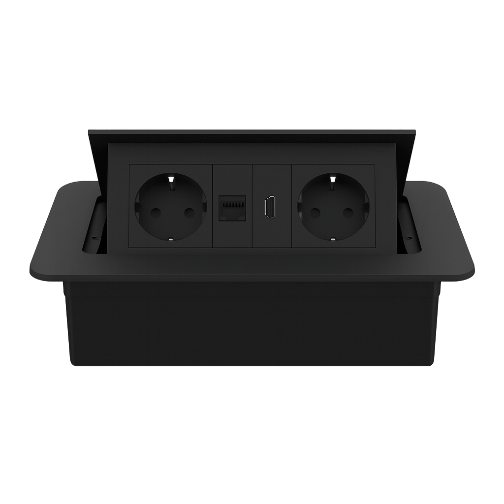 Меблева розетка потрійна LIVOLO чорна, вбудована у стільницю для офісу/конференц-залу/кухні, з інтернет RJ-45,, фото 1