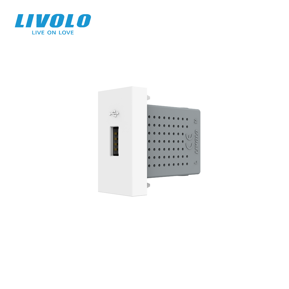 USB розетка LIVOLO 5V 2.1A, біла, 10Вт, з блоком живлення, модуль 0.5 поста (VL-FCUA-1WP), фото 1