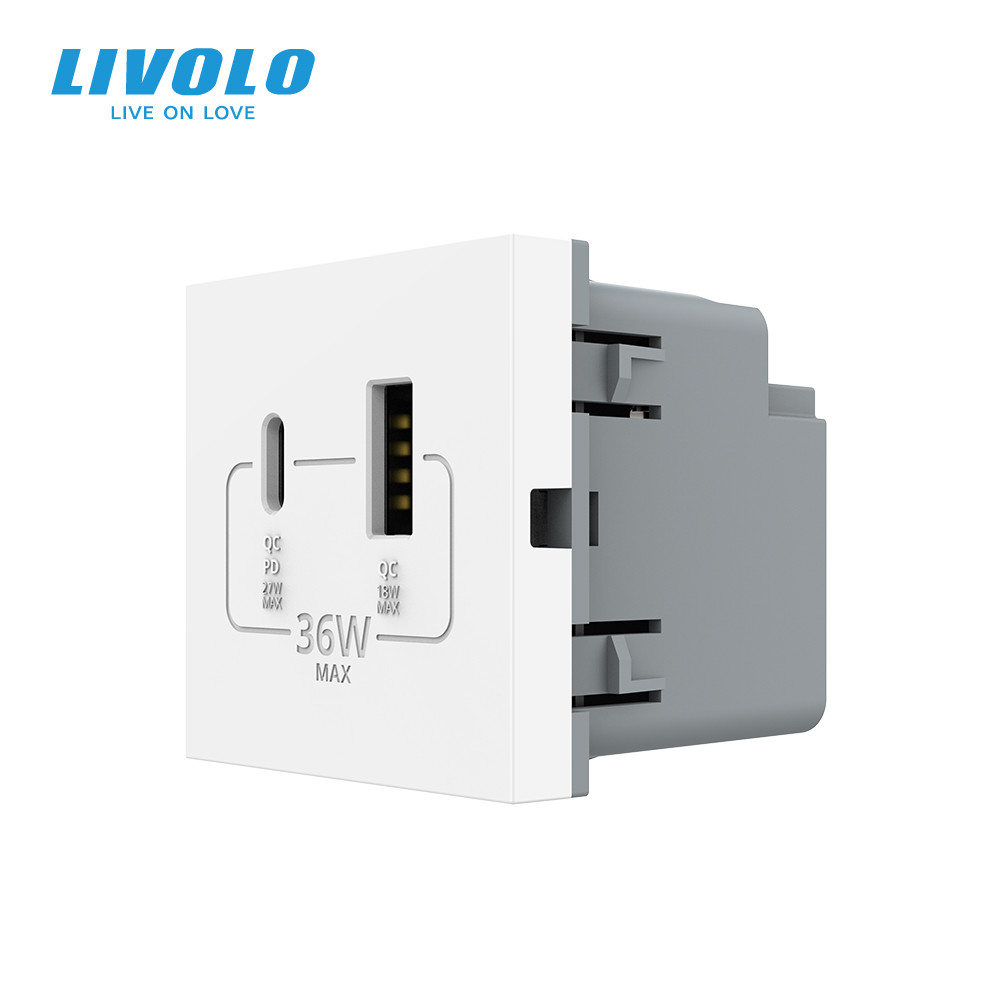 Розетка LIVOLO USB-A + USB-C PD 36Вт, біла, швидке заряджання, Power Delivery QC 3.0, модуль, фото 1
