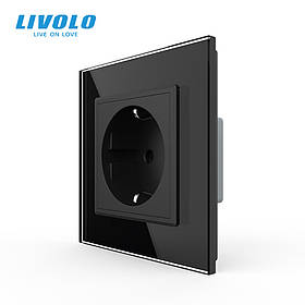 Електрична розетка з заземленням LIVOLO, чорна, скляна рамка, шторки, 250В 16А (VL-M7FCTC16A-2BP)