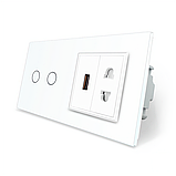Сенсорний прохідний/перехресний вимикач 2 сенсора 1 розетка 1 USB Livolo білий скло (VL-C702S/C7USBC1A-11), фото 2