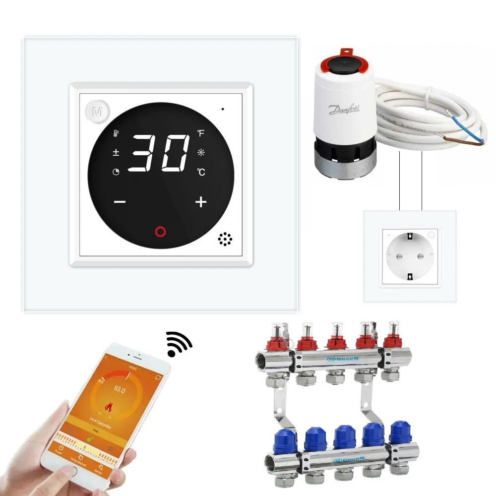 Комплект дистанційного керування водяною теплою підлогою LIVOLO білий скло (VL-C7FCEZ-TC16AZ-2WP), фото 1