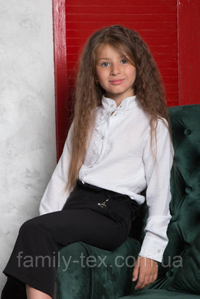 Біла сорочка блузка для дівчинки з мереживом на кнопках SmileTime Soft, фото 1
