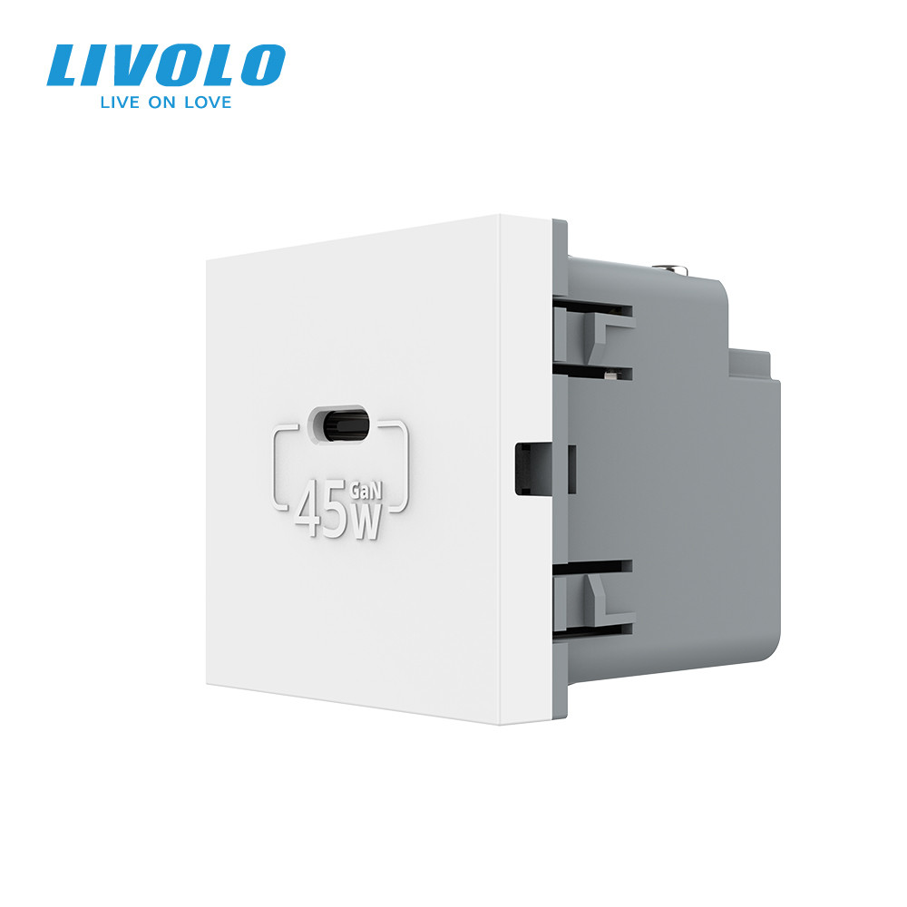 USB Type-C розетка LIVOLO, PD 45W, Power Delivery, швидка зарядка, біла, модуль (VL-FCUC-2WP), фото 1