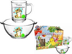 Набір дитячий (бульйонниця 500мл чашка 250мл) 942691 Котик в под. коробці ТМ FARGLASS