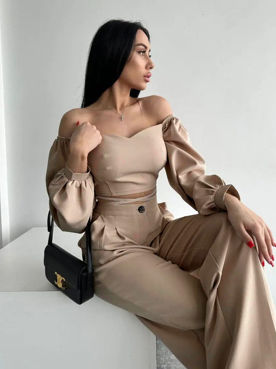 Стильний молодіжний костюм-двійка, брюки з топом, бежевий, фото 1
