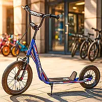 Дитячий самокат футбайк для хлопчиків Кермо регулюється Зростання від 100см Надувні колеса 16" і 12" підніжка Синій