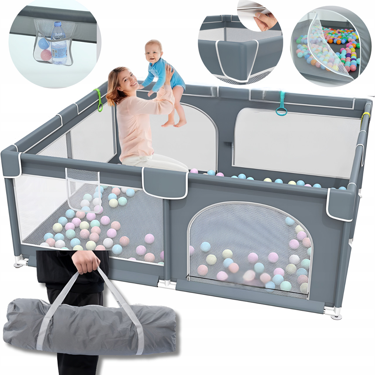 Манеж дитячий 180 × 150 см сірий + 10 кульок + сумка Bergens