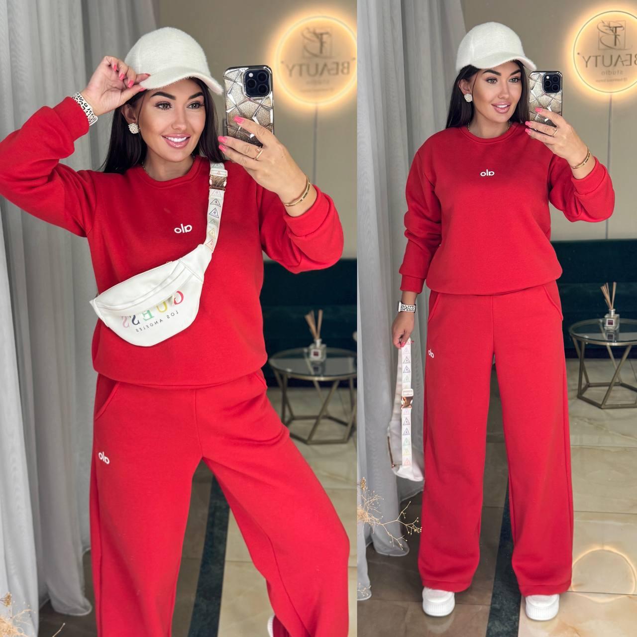 Жіночий базовий теплий осінній костюм ALO на флісі батник кофта і прямі штани тринитка на флісі, фото 1