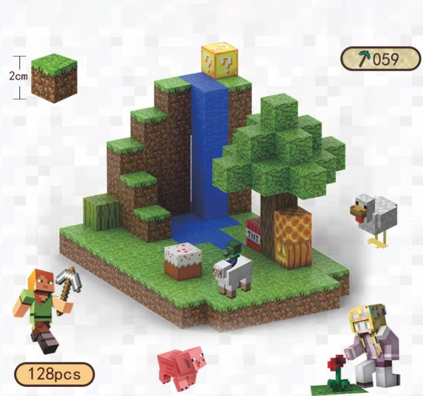 Конструктор магнітний Minecraft Magnetic Cube «Водоспад в джунглях» 128шт, фото 1