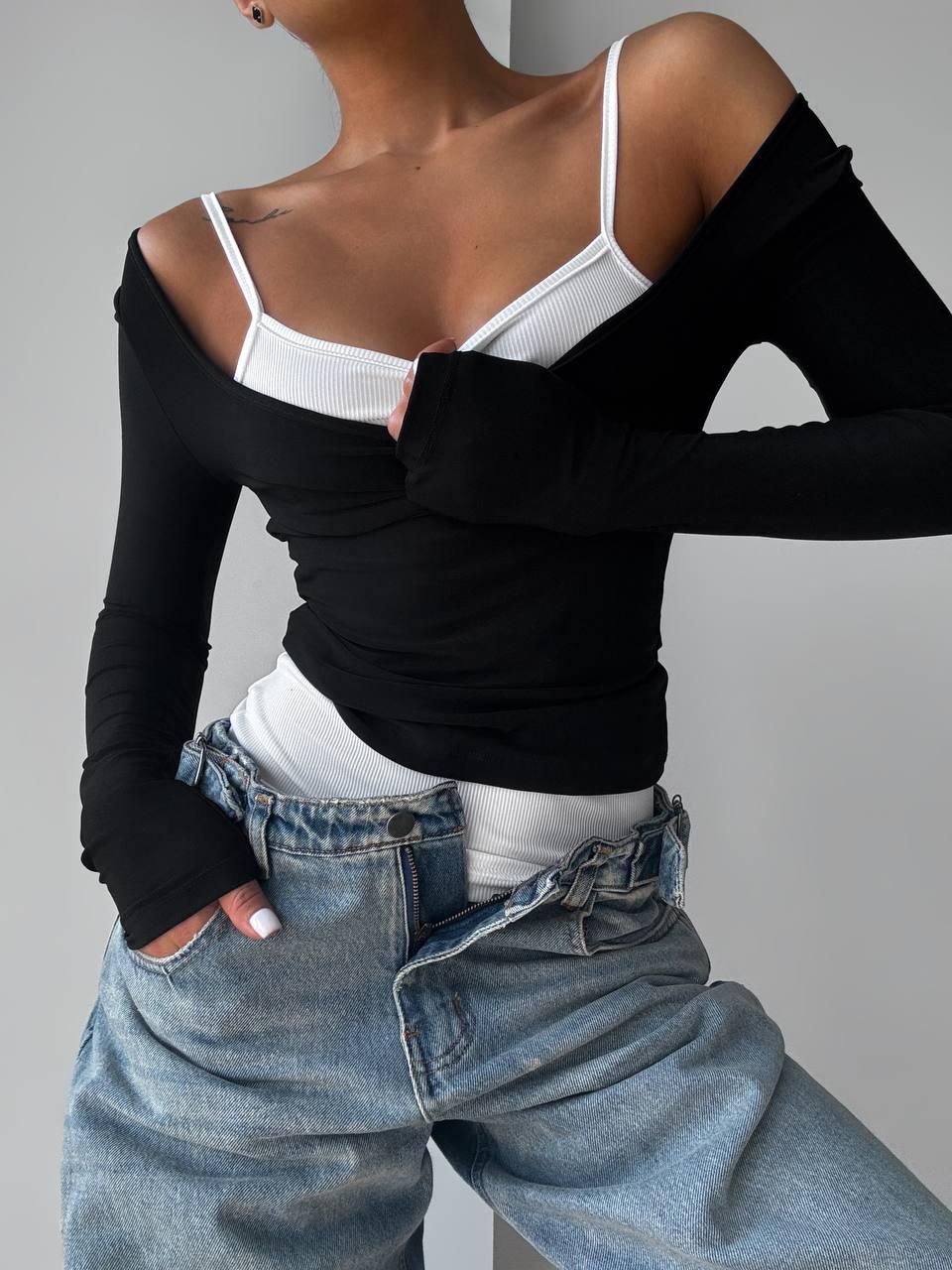 Жіночий лонгслів 2 в 1; Колір: сірий + білий, чорний + білий; Розмір: 42-46 (оверсайз);, фото 1