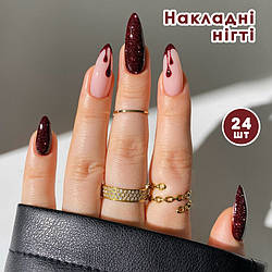 Накладні нігті 24 шт. бордовий з блискітками + клей для нігтів, типси мигдаль для манікюру.