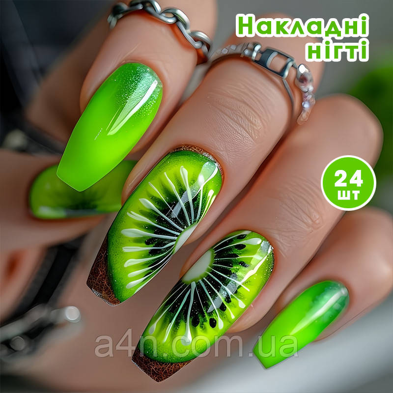 Накладні нігті 24 шт. ківі + клейові стики для нігтів, типси балерина для манікюру, фото 1