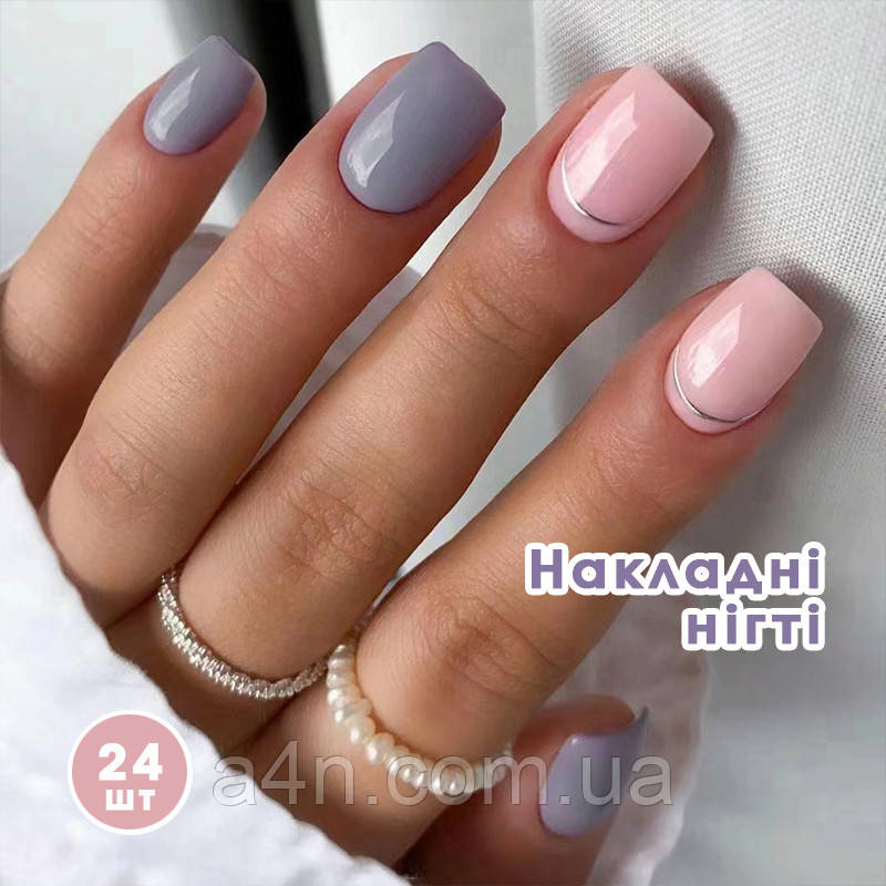 Накладні нігті 24 шт. + клейові стики для нігтів, типси квадрат для манікюру, фото 1