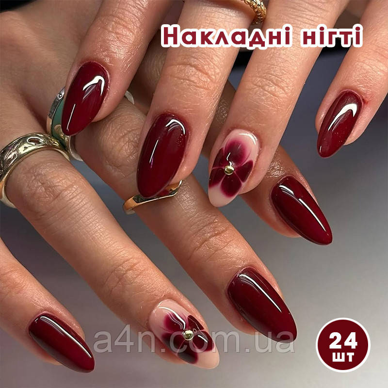 Накладні нігті 24 шт. бордовий + клей для нігтів, типси мигдаль для манікюру., фото 1