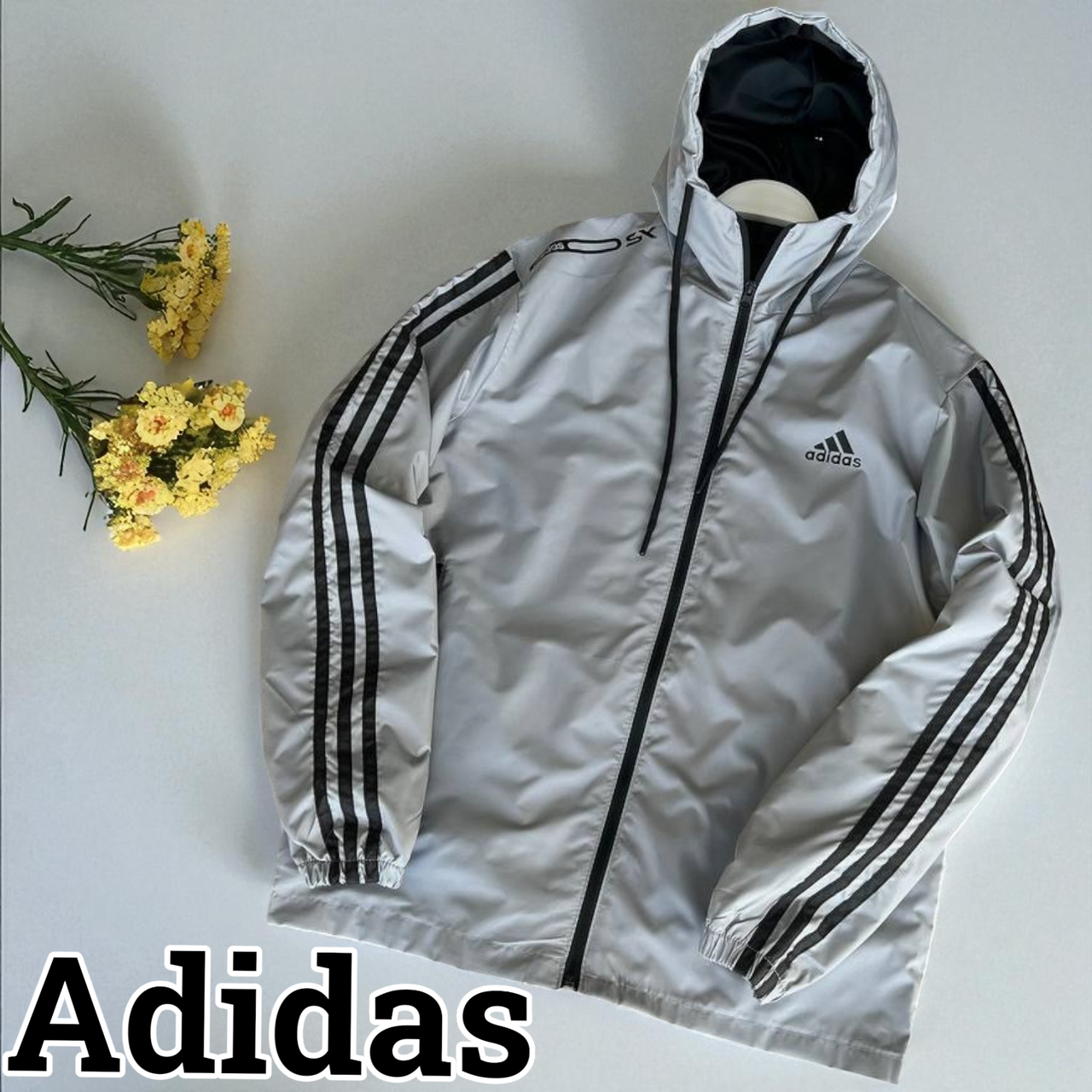 Вітровка Adidas молодіжна чоловіча легка з капюшоном Сіра спортивна куртка адідас для бігу та прогулянок хлопцю, фото 1