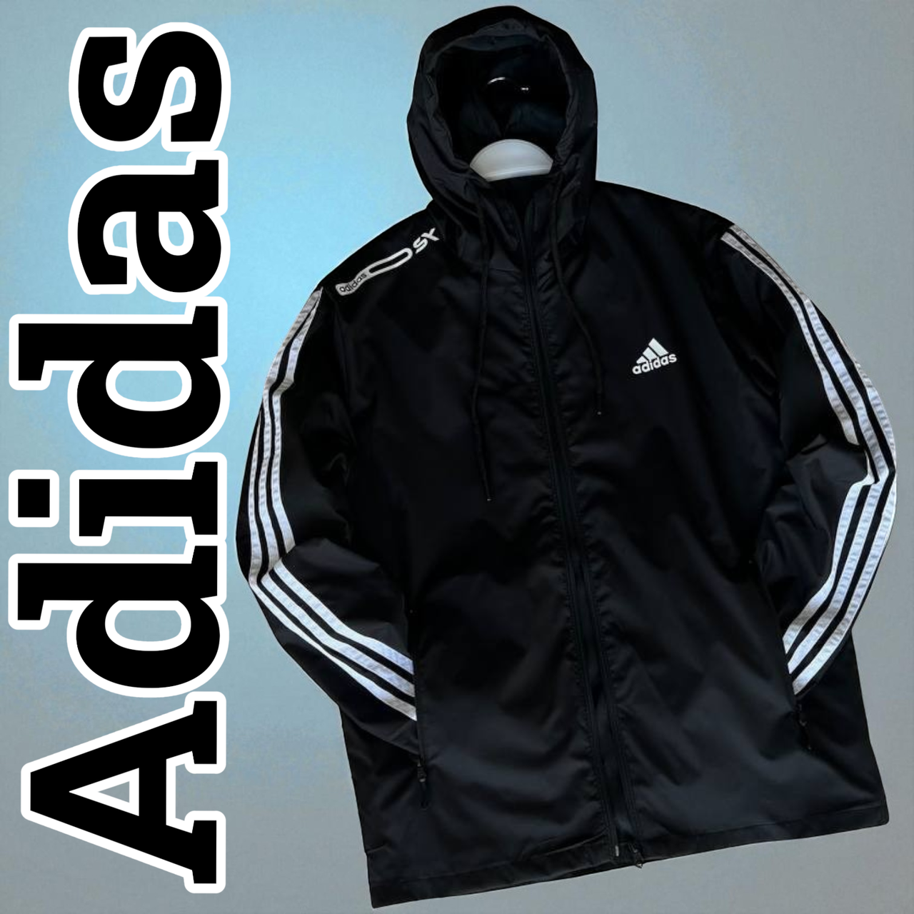 Спортивна чоловіча вітровка Adidas з капюшоном Куртка чорна весна осінь на блискавці з білими полосками для хлопця, фото 1