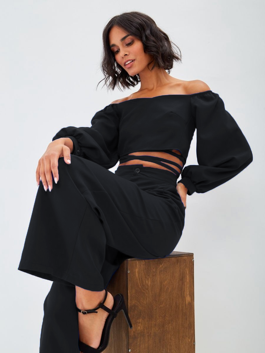 Трендовий молодіжний костюм двійка, топ + брюки, чорний, фото 1