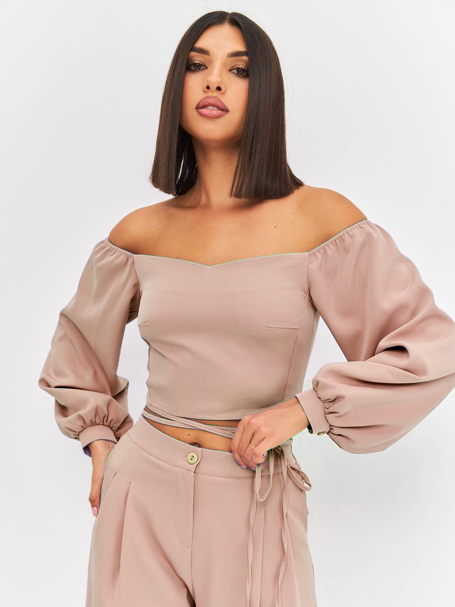 Трендовий молодіжний костюм двійка, топ + брюки, бнжнвий, фото 1