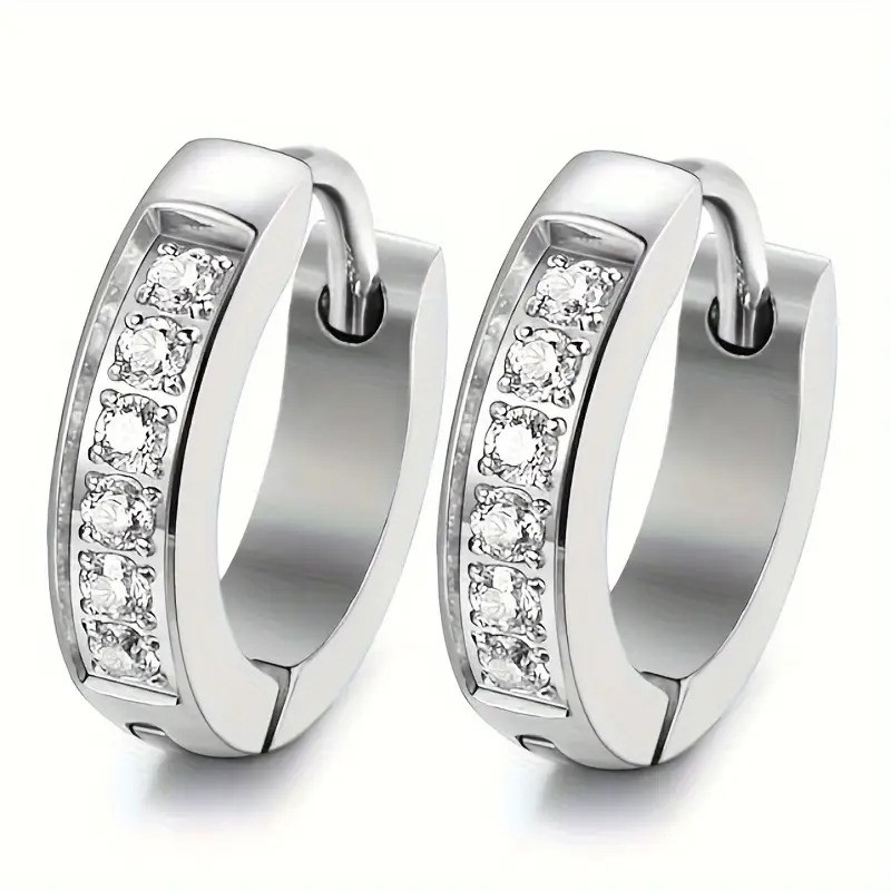 Сережки кільця сріблясті з нержавіючої сталі з білим кубічним цирконієм 9 мм AurumLux007, фото 1