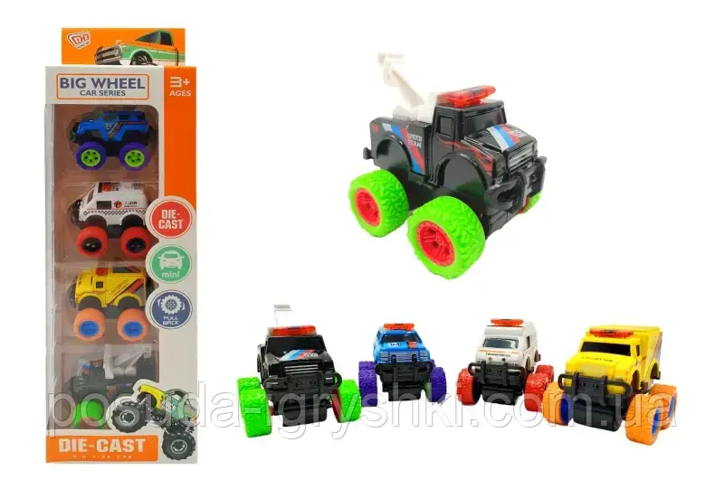 Машини набір JM52243 інерційні, пластикові, машинка 7см, 2 вида, 4 машини в наборі, коробка 9,8-5,5-32,5см., фото 1