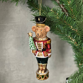 Ялинкова ретро прикраса зі скла Тедді з ялинкою на барабані 17см