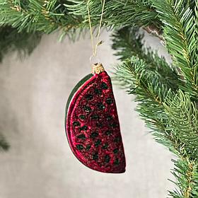 Ялинкова ретро прикраса зі скла Кавун 13см, колір - червоний із зеленим Новоричний декор