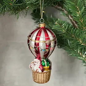 Ялинкова ретро прикраса зі скла Санта на повітряній кулі 13см