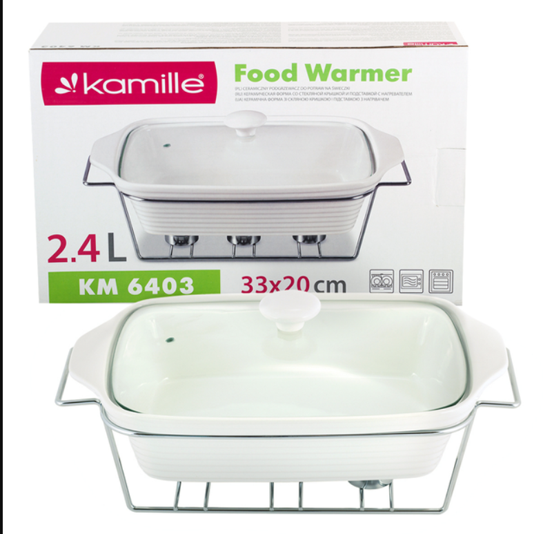 Марміт керамічний прямокутний 2,4 л Kamille зі скляною кришкою на хромованій підставці, фото 1