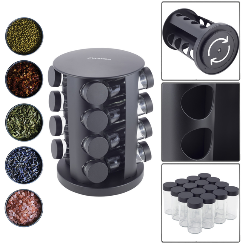 Набір ємностей для спецій 16 шт. Kamille на круглій чорній підставці, фото 1