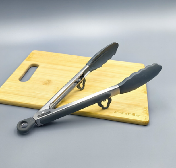 Щипці-лопатки силіконові 23 см Kamille з ручками з нержавіючої сталі, фото 1