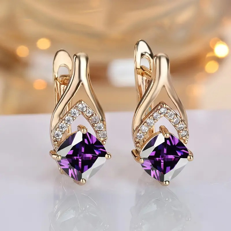 Сережки золотисті з фіолетовим каменем квітковий дизайн 1.7 см AurumLux021, фото 1