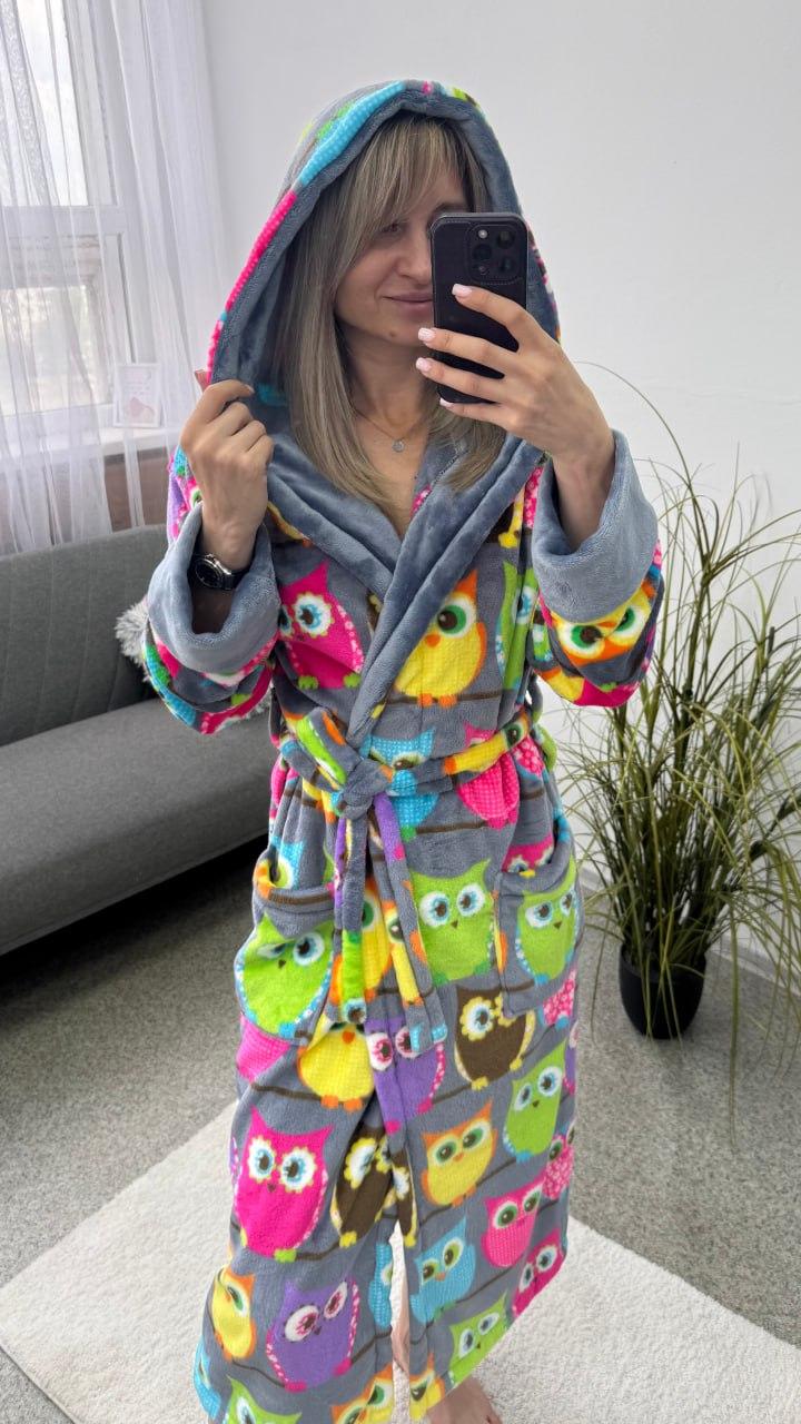 Жіночий теплий довгий махровий домашній халат із совами, фото 1