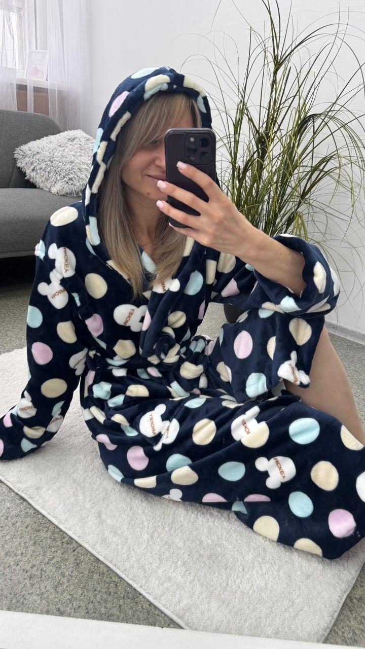 Теплий довгий халат із капюшоном, у великий горошок мікі маус, фото 1