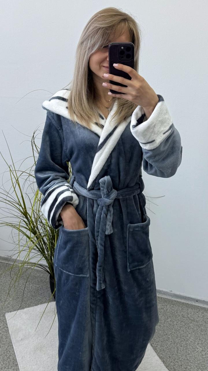 Гарний теплий жіночий довгий махровий халат сірий ТУРЦІЯ, фото 1